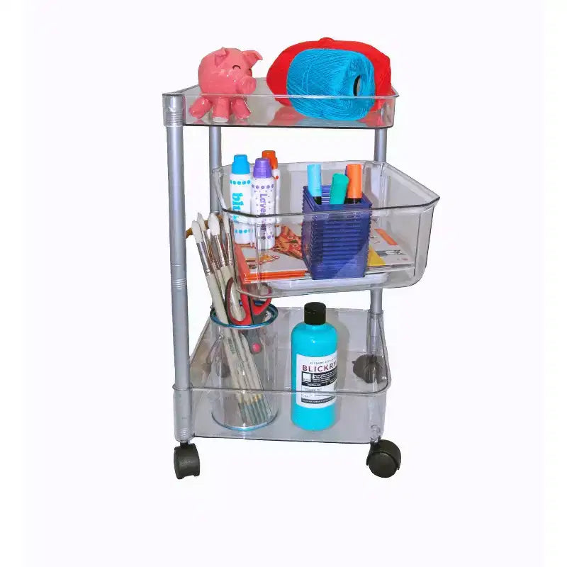 Chariot roulant transparent en acrylique à 3 niveaux, montants en acier, bac central pivotant, roulettes verrouillables – 58,4 cm H x 35,6 cm L x 33 cm P