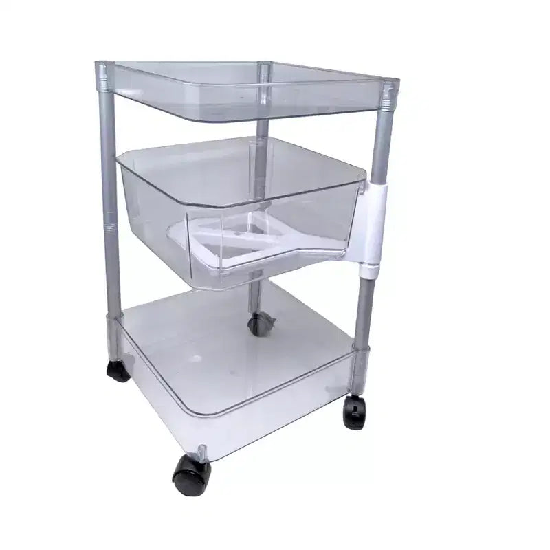 Chariot roulant transparent en acrylique à 3 niveaux, montants en acier, bac central pivotant, roulettes verrouillables – 58,4 cm H x 35,6 cm L x 33 cm P