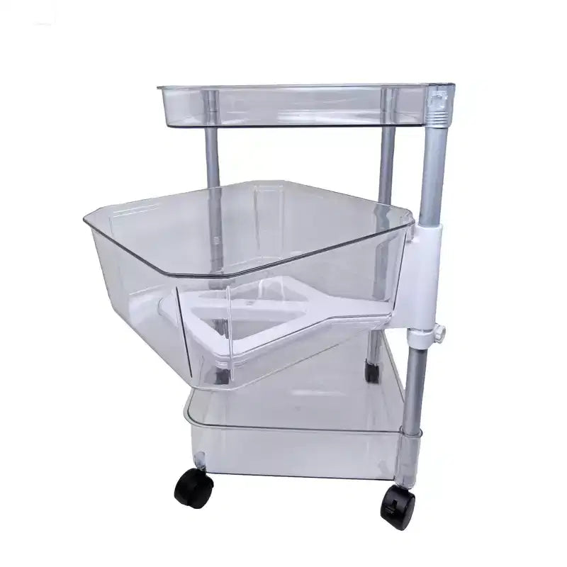 Chariot roulant transparent en acrylique à 3 niveaux, montants en acier, bac central pivotant, roulettes verrouillables – 58,4 cm H x 35,6 cm L x 33 cm P