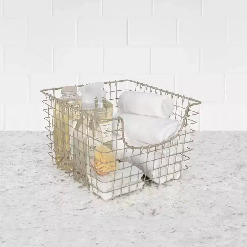 Panier de rangement en fil métallique Scoop, acier, devant ouvert, portable – 38,1 cm H x 58,4 cm L x 31,5 cm P, argent