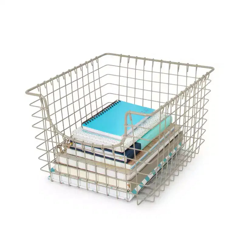 Panier de rangement en fil métallique Scoop, acier, devant ouvert, portable – 38,1 cm H x 58,4 cm L x 31,5 cm P, argent