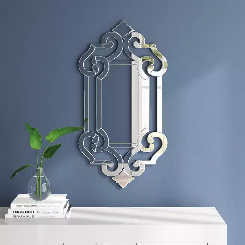 Miroir mural rectangulaire 54"x14" en pied avec cadre en verre orné