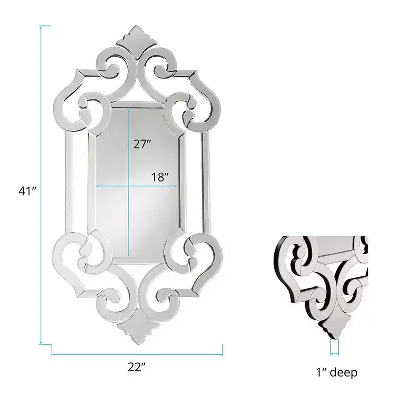 Miroir mural rectangulaire 54"x14" en pied avec cadre en verre orné