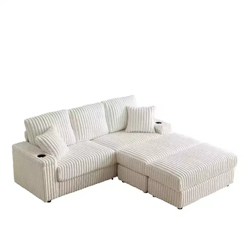 Canapé 3 places en velours côtelé de 84 pouces avec poufs de rangement et porte-gobelets – 84" L x 33,5" H