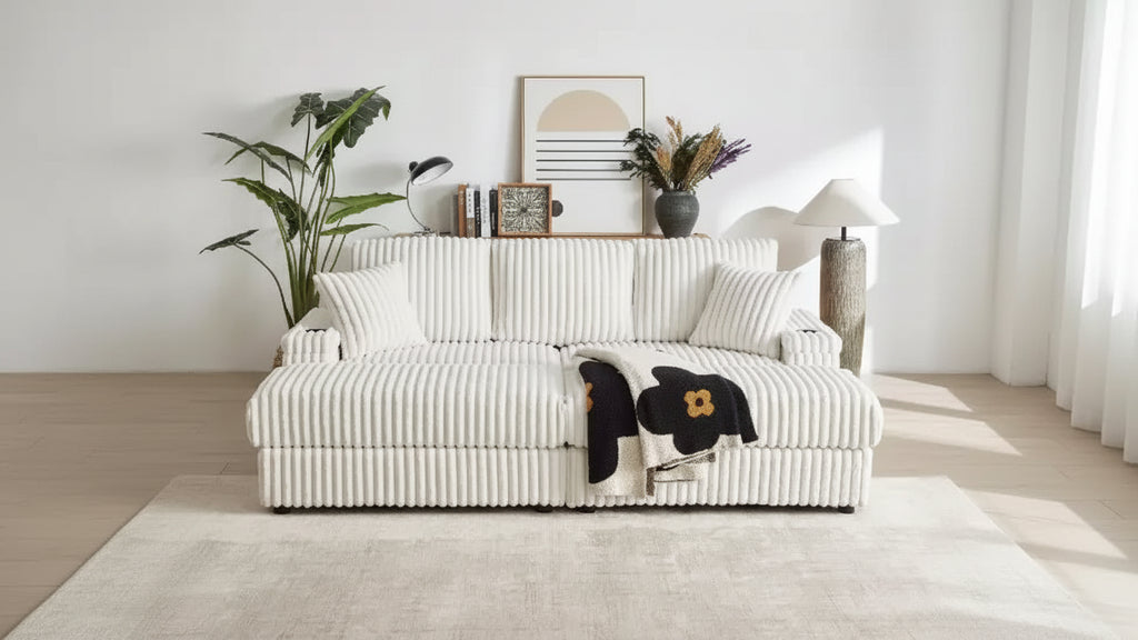 Canapé 3 places en velours côtelé de 84 pouces avec poufs de rangement et porte-gobelets – 84" L x 33,5" H