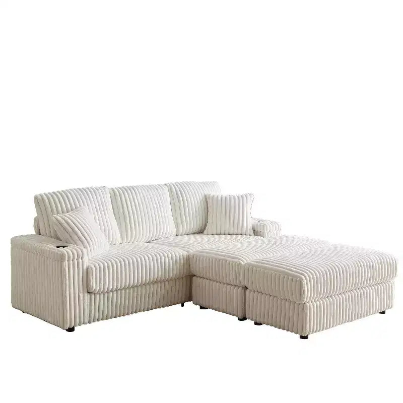 Canapé 3 places en velours côtelé de 84 pouces avec poufs de rangement et porte-gobelets – 84" L x 33,5" H