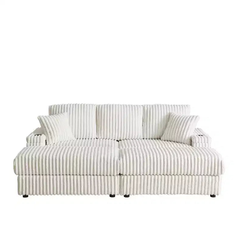 Canapé 3 places en velours côtelé de 84 pouces avec poufs de rangement et porte-gobelets – 84" L x 33,5" H