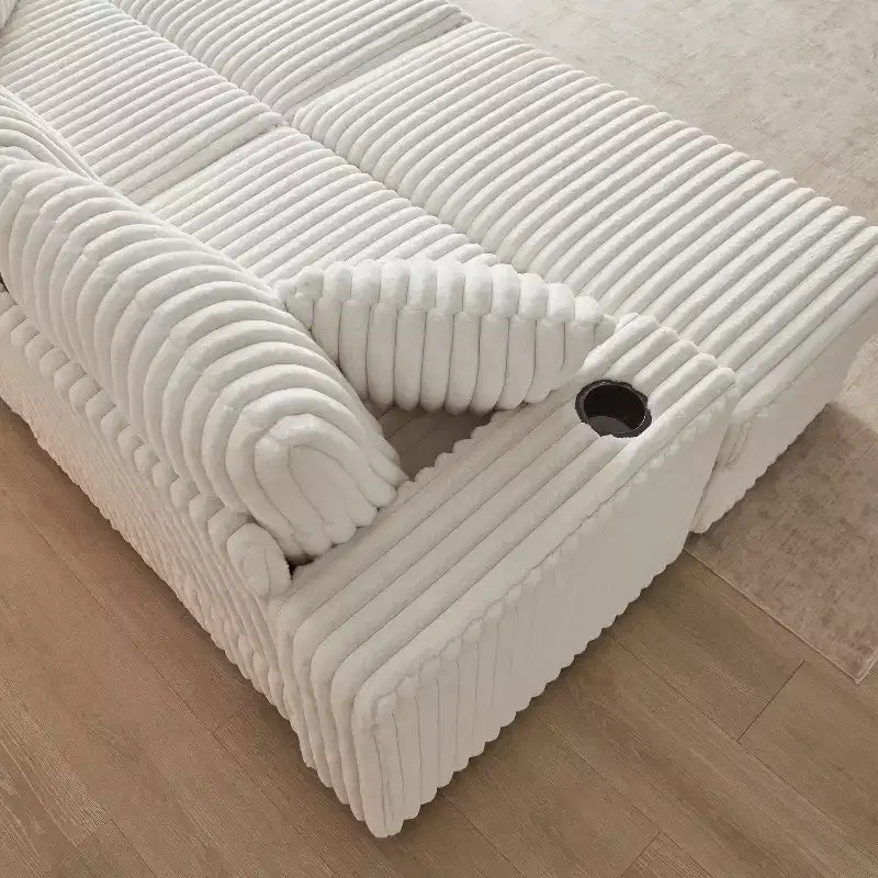 Canapé 3 places en velours côtelé de 84 pouces avec poufs de rangement et porte-gobelets – 84" L x 33,5" H