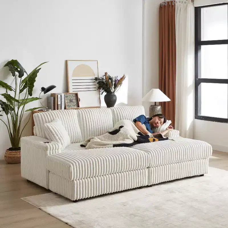 Canapé 3 places en velours côtelé de 84 pouces avec poufs de rangement et porte-gobelets – 84" L x 33,5" H