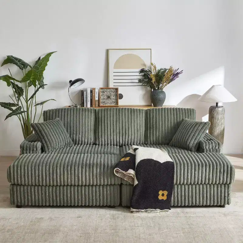 Canapé 3 places en velours côtelé de 84 pouces avec poufs de rangement et porte-gobelets – 84" L x 33,5" H