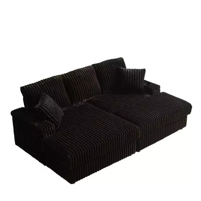 Canapé 3 places en velours côtelé de 84 pouces avec poufs de rangement et porte-gobelets – 84" L x 33,5" H