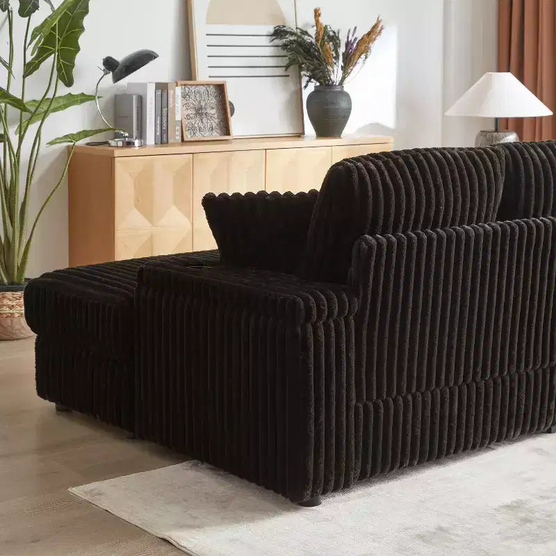 Canapé 3 places en velours côtelé de 84 pouces avec poufs de rangement et porte-gobelets – 84" L x 33,5" H