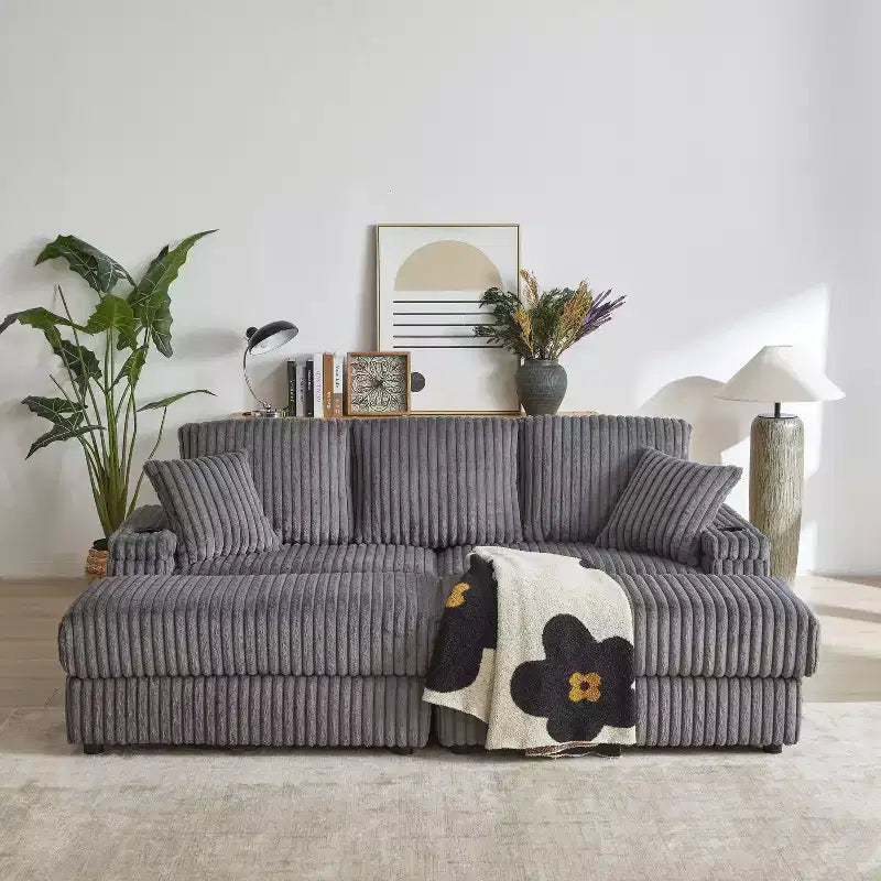 Canapé 3 places en velours côtelé de 84 pouces avec poufs de rangement et porte-gobelets – 84" L x 33,5" H