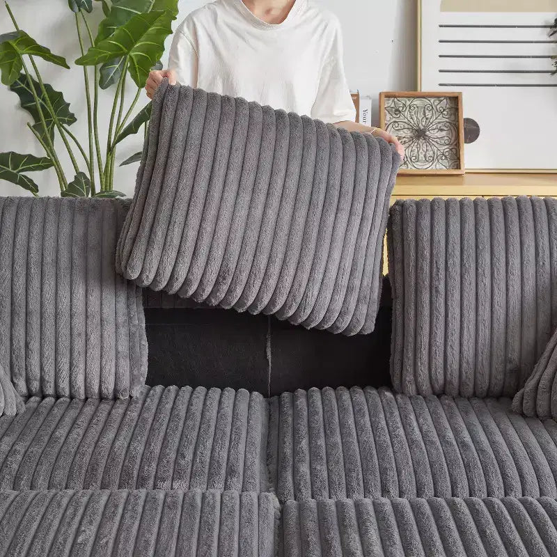 Canapé 3 places en velours côtelé de 84 pouces avec poufs de rangement et porte-gobelets – 84" L x 33,5" H