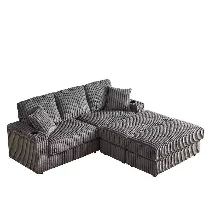 Canapé 3 places en velours côtelé de 84 pouces avec poufs de rangement et porte-gobelets – 84" L x 33,5" H