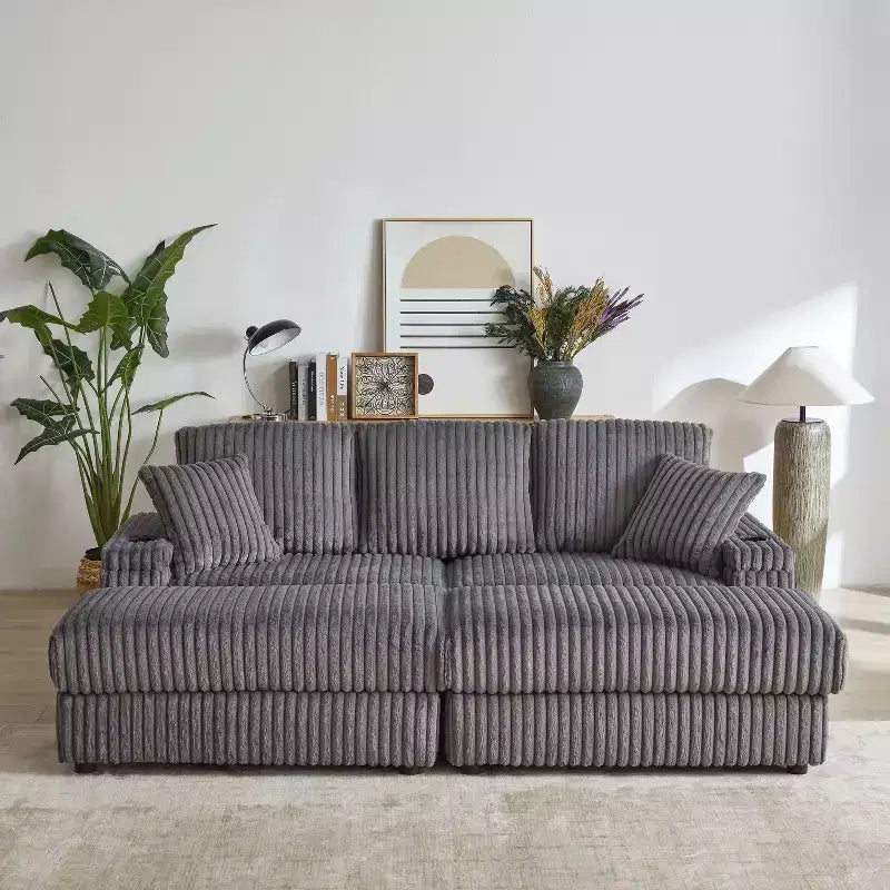 Canapé 3 places en velours côtelé de 84 pouces avec poufs de rangement et porte-gobelets – 84" L x 33,5" H