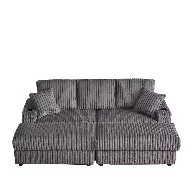 Canapé 3 places en velours côtelé de 84 pouces avec poufs de rangement et porte-gobelets – 84" L x 33,5" H