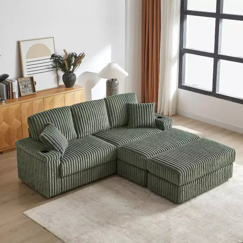 Canapé 3 places en velours côtelé de 84 pouces avec poufs de rangement et porte-gobelets – 84" L x 33,5" H
