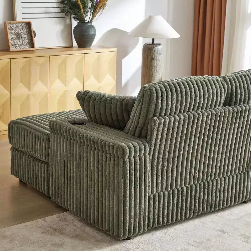 Canapé 3 places en velours côtelé de 84 pouces avec poufs de rangement et porte-gobelets – 84" L x 33,5" H