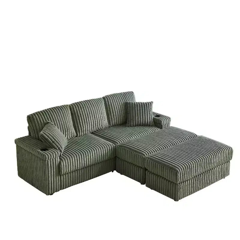 Canapé 3 places en velours côtelé de 84 pouces avec poufs de rangement et porte-gobelets – 84" L x 33,5" H