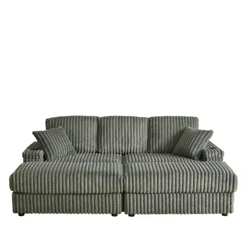 Canapé 3 places en velours côtelé de 84 pouces avec poufs de rangement et porte-gobelets – 84" L x 33,5" H