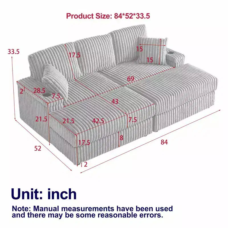 Canapé 3 places en velours côtelé de 84 pouces avec poufs de rangement et porte-gobelets – 84" L x 33,5" H