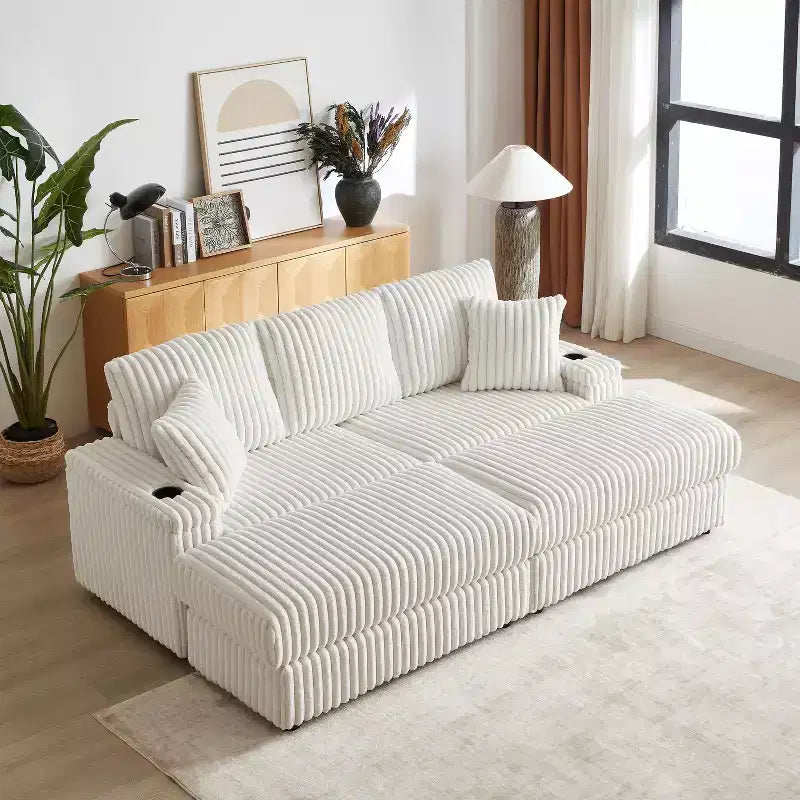 Canapé 3 places en velours côtelé de 84 pouces avec poufs de rangement et porte-gobelets – 84" L x 33,5" H