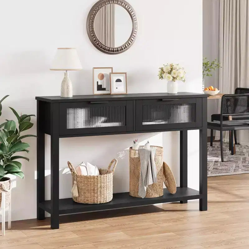 Console noire avec 2 tiroirs – Table d'entrée / de canapé en MDF, 110 x 30 x 80 cm