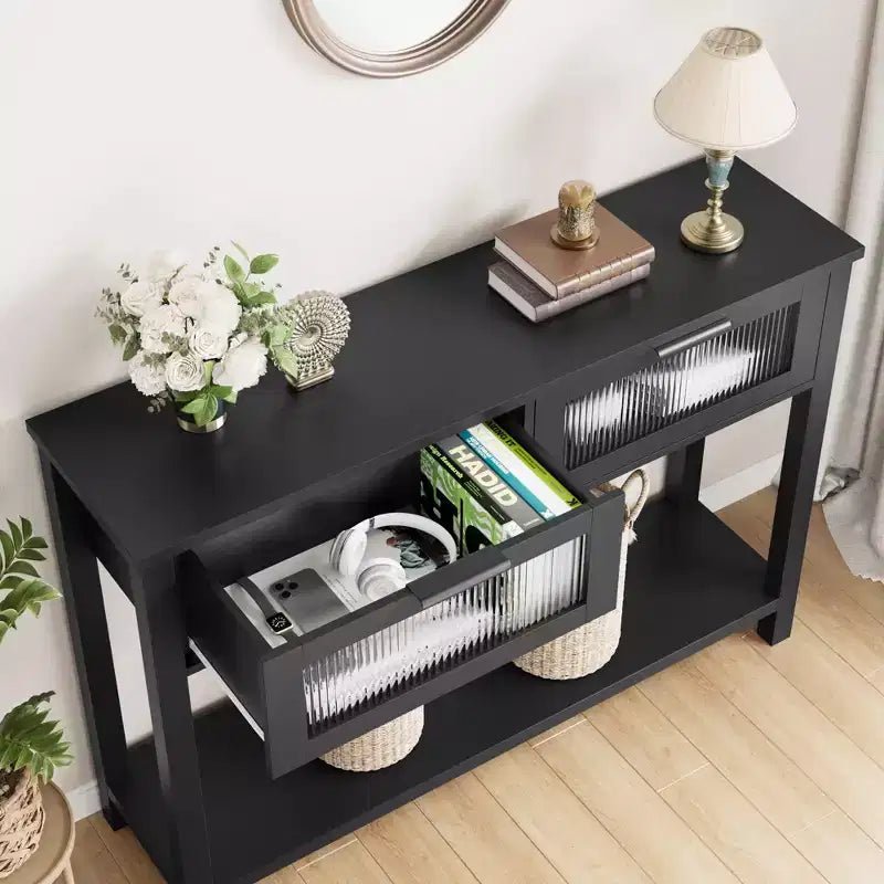 Console noire avec 2 tiroirs – Table d'entrée / de canapé en MDF, 110 x 30 x 80 cm