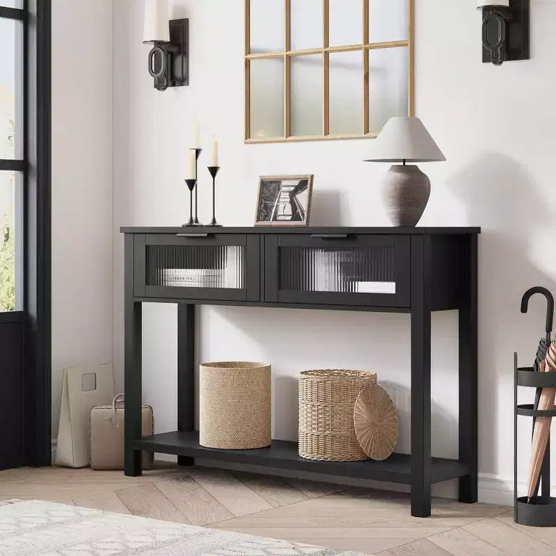 Console noire avec 2 tiroirs – Table d'entrée / de canapé en MDF, 110 x 30 x 80 cm