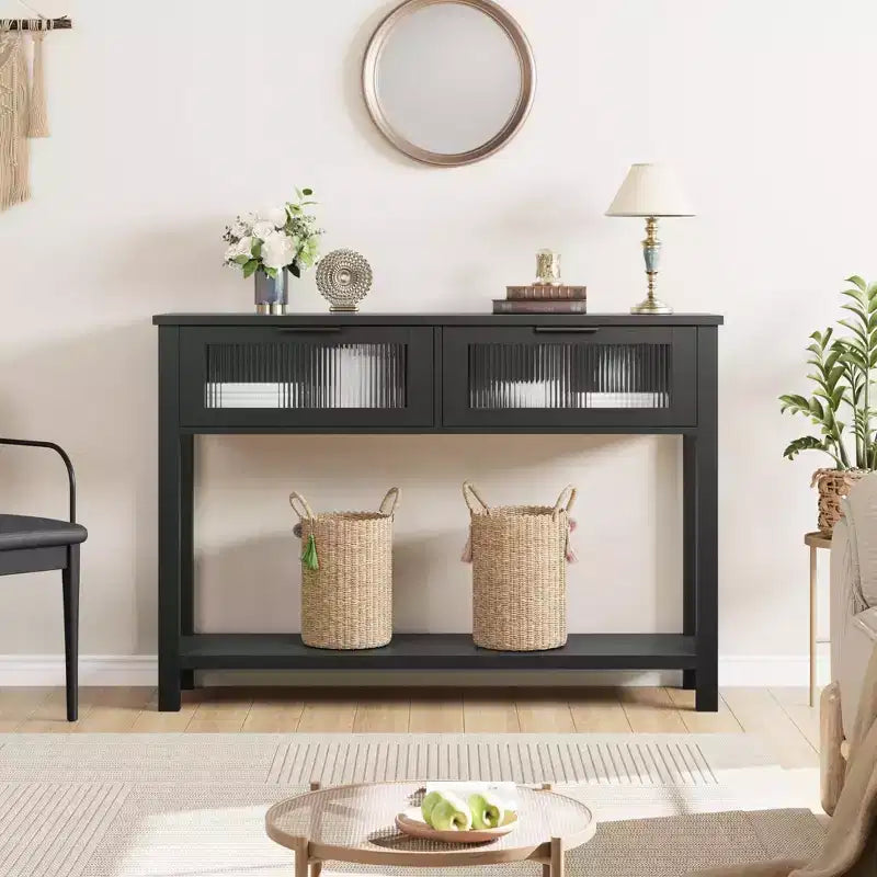 Console noire avec 2 tiroirs – Table d'entrée / de canapé en MDF, 110 x 30 x 80 cm