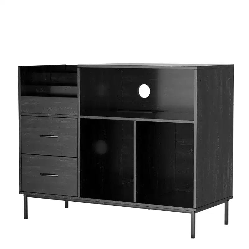Meuble tourne-disque avec couvercle relevable, rangement pour disques vinyles et deux prises de courant, noir