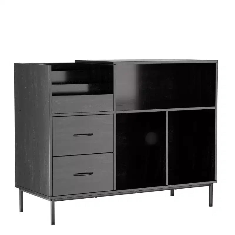 Meuble tourne-disque avec couvercle relevable, rangement pour disques vinyles et deux prises de courant, noir