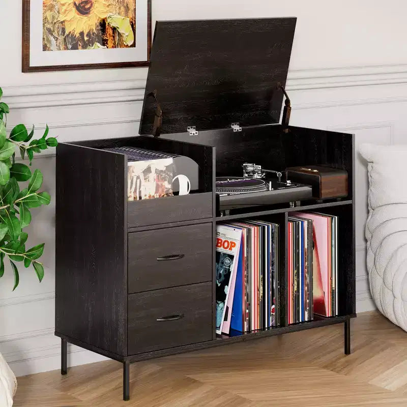 Meuble tourne-disque avec couvercle relevable, rangement pour disques vinyles et deux prises de courant, noir
