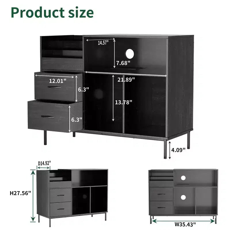 Meuble tourne-disque avec couvercle relevable, rangement pour disques vinyles et deux prises de courant, noir