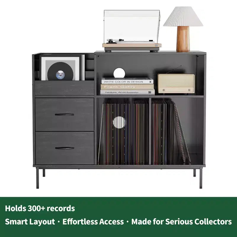 Meuble tourne-disque avec couvercle relevable, rangement pour disques vinyles et deux prises de courant, noir