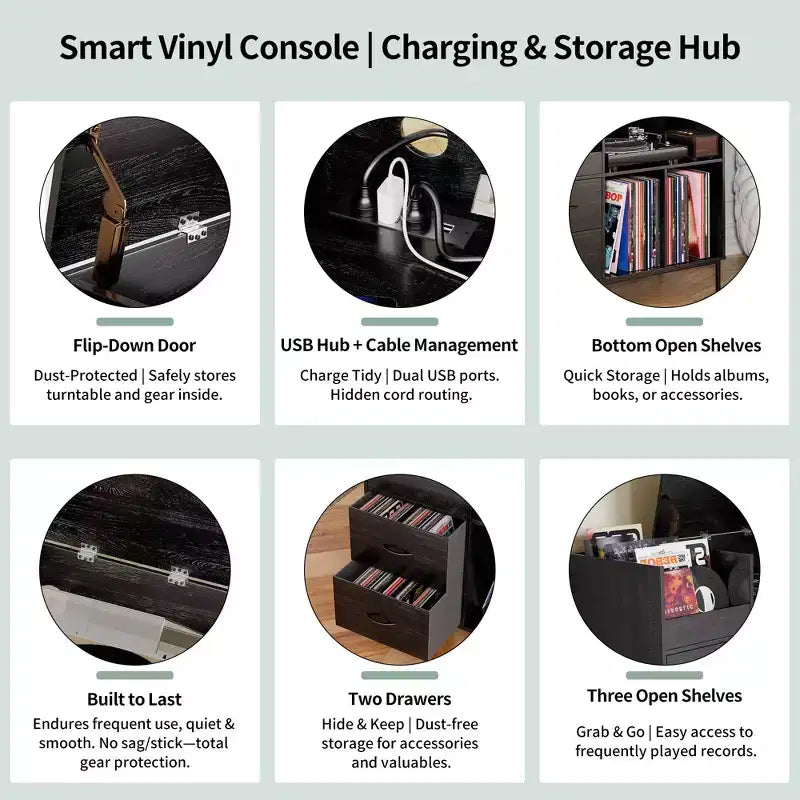 Meuble tourne-disque avec couvercle relevable, rangement pour disques vinyles et deux prises de courant, noir