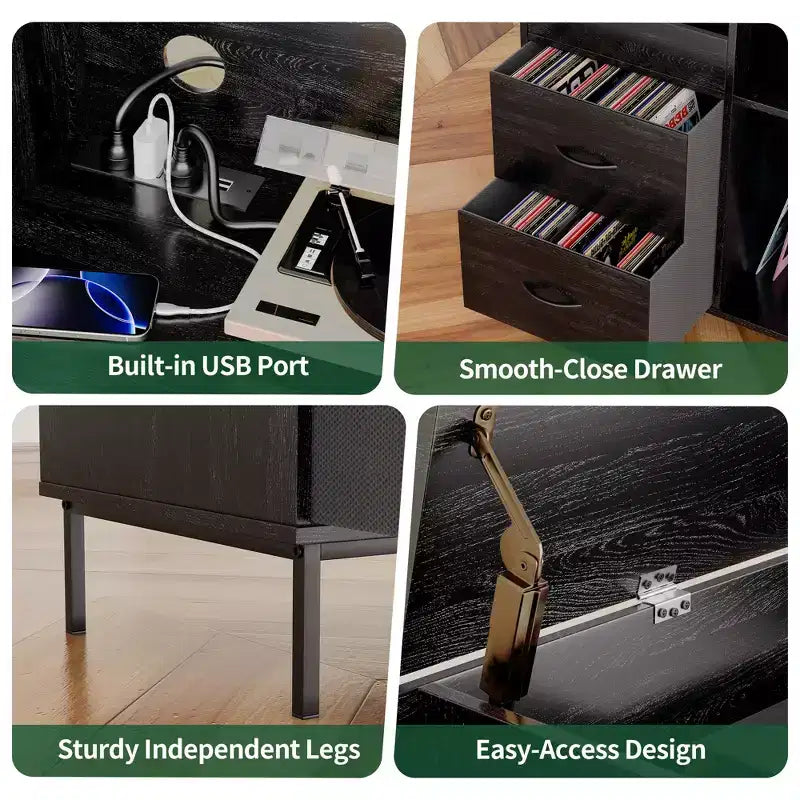 Meuble tourne-disque avec couvercle relevable, rangement pour disques vinyles et deux prises de courant, noir
