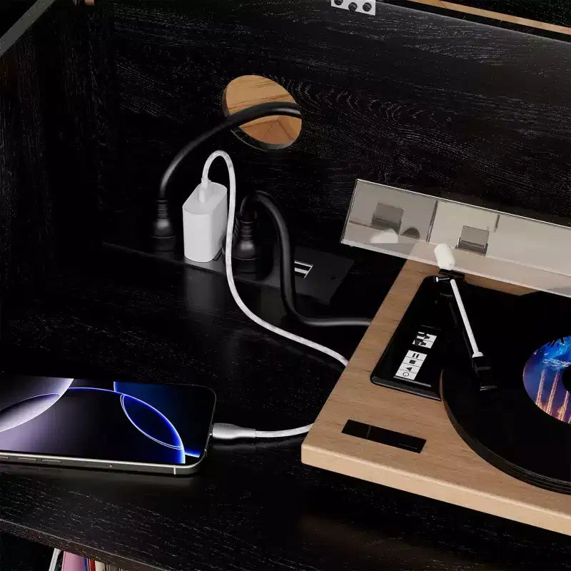 Meuble tourne-disque avec couvercle relevable, rangement pour disques vinyles et deux prises de courant, noir