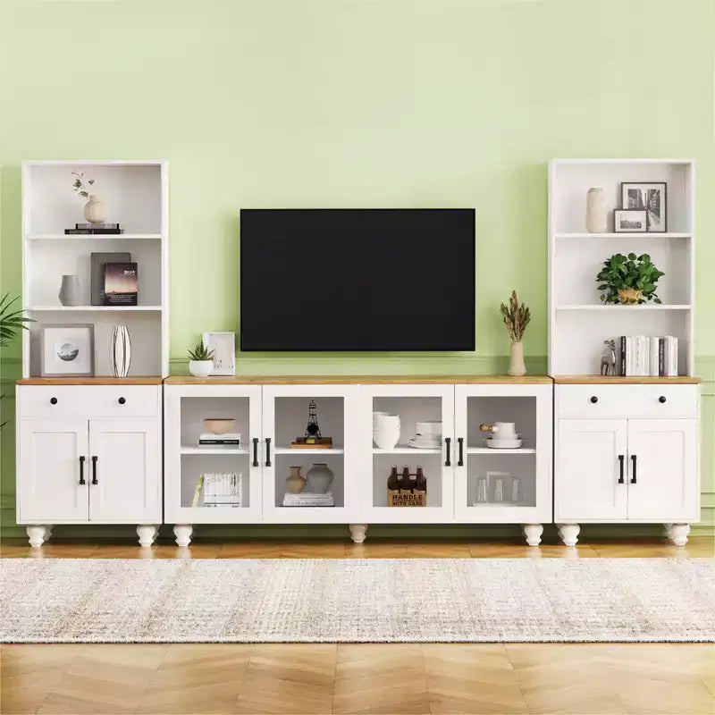 Meuble TV mural pour téléviseur de 70 pouces avec étagères et portes vitrées, 110 larg. x 15,7 prof. x 63 haut. po