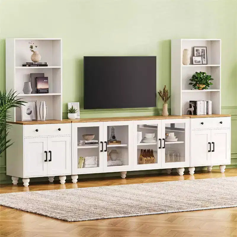 Meuble TV mural pour téléviseur de 70 pouces avec étagères et portes vitrées, 110 larg. x 15,7 prof. x 63 haut. po