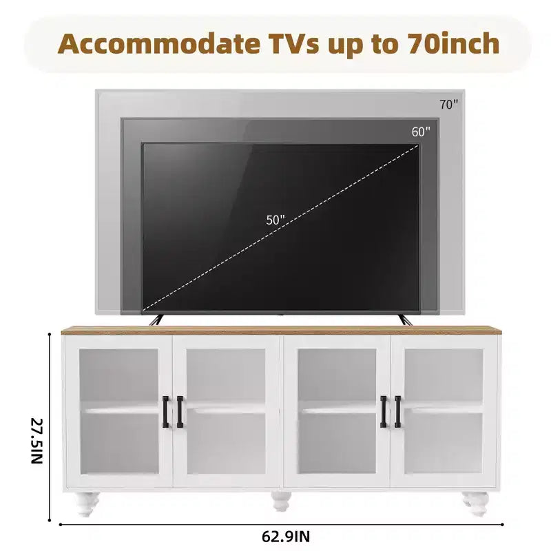 Meuble TV mural pour téléviseur de 70 pouces avec étagères et portes vitrées, 110 larg. x 15,7 prof. x 63 haut. po