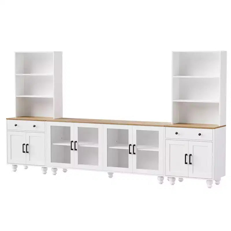 Meuble TV mural pour téléviseur de 70 pouces avec étagères et portes vitrées, 110 larg. x 15,7 prof. x 63 haut. po