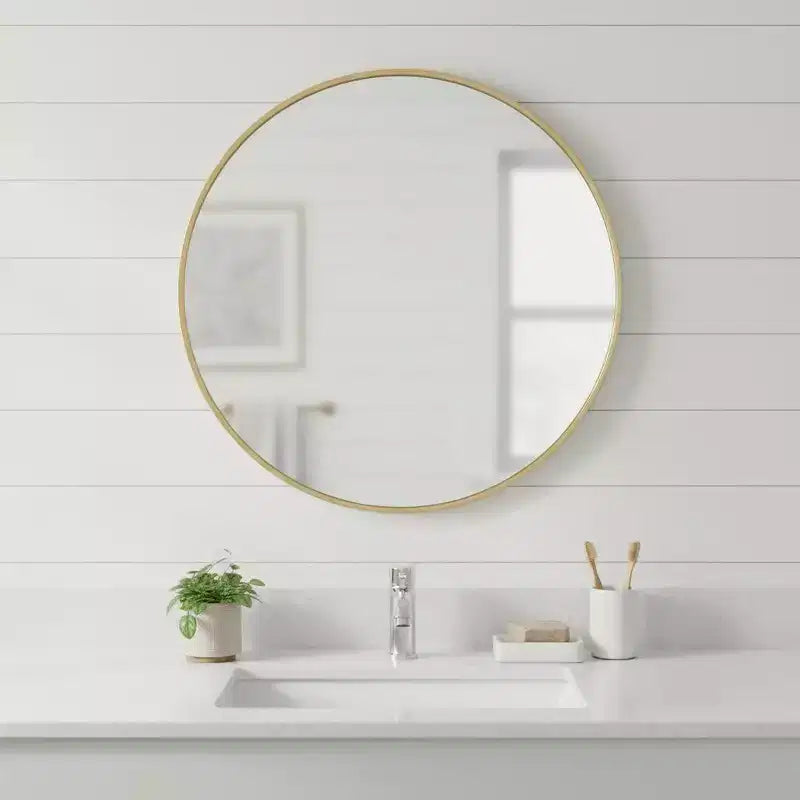 Miroir de salle de bain rond encadré en métal doré de 76,2 cm