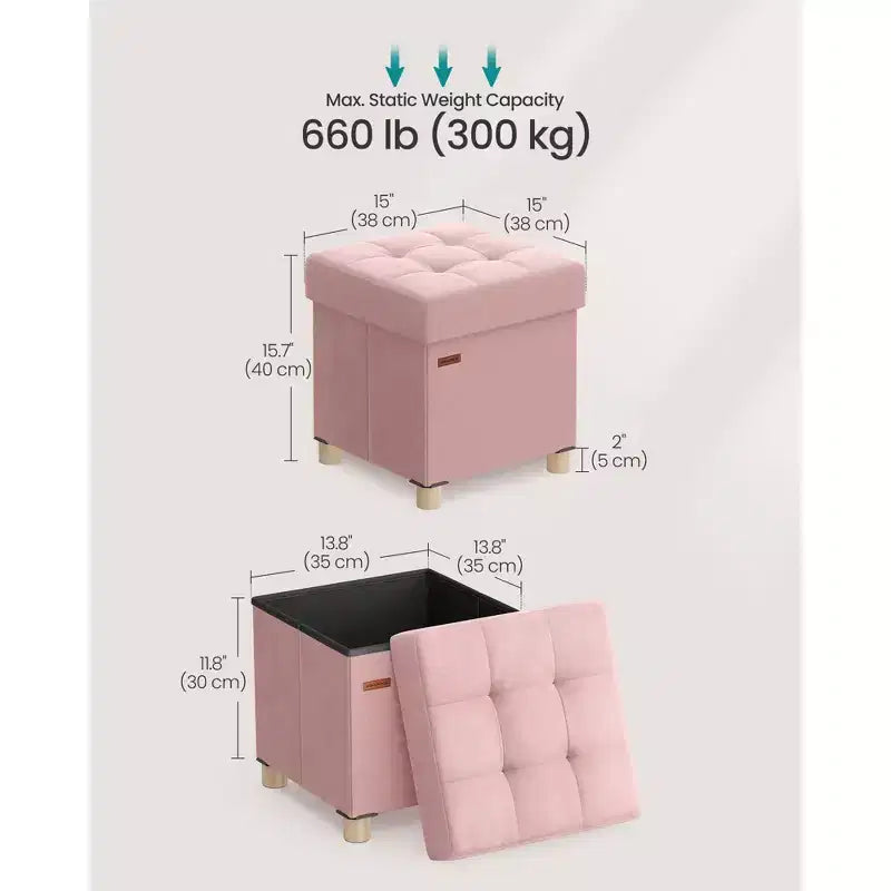 Petit Pouf de Rangement en Velours Pliable, 38 x 38 x 40 cm, Capacité de 37 litres