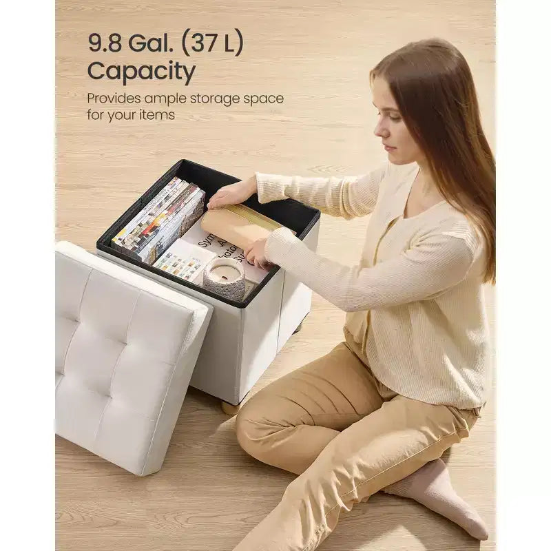 Petit Pouf de Rangement en Velours Pliable, 38 x 38 x 40 cm, Capacité de 37 litres