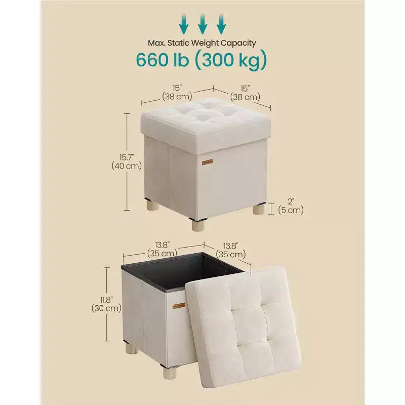 Petit Pouf de Rangement en Velours Pliable, 38 x 38 x 40 cm, Capacité de 37 litres