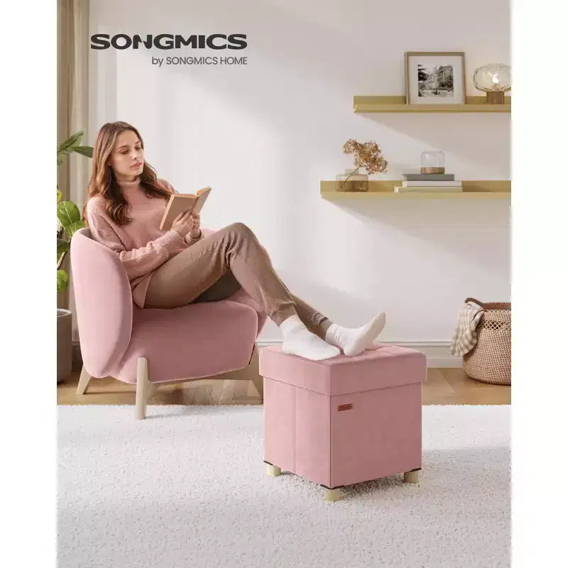 Petit Pouf de Rangement en Velours Pliable, 38 x 38 x 40 cm, Capacité de 37 litres