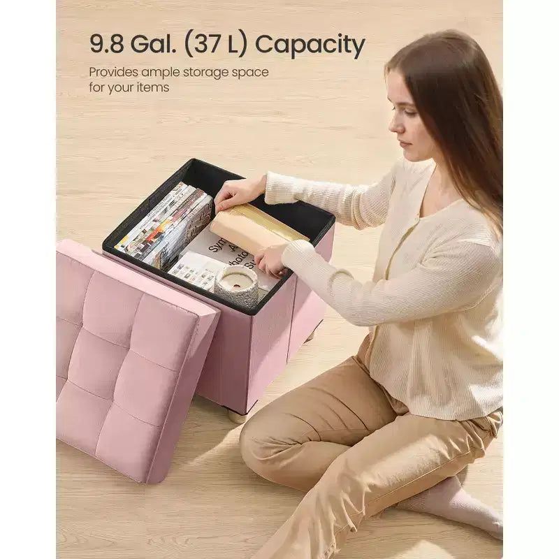 Petit Pouf de Rangement en Velours Pliable, 38 x 38 x 40 cm, Capacité de 37 litres