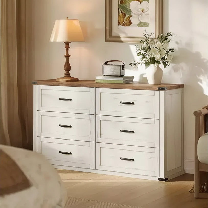 Commode 6 tiroirs, 137 cm de large, style ferme moderne, meuble TV avec poignées en métal et dispositifs anti-basculement
